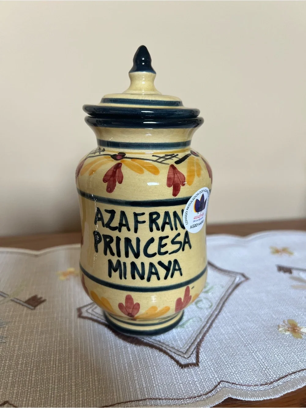 Princesa de Minaya Saffron Jar with Lid Ceramic Hand-Painted Yellow Blue - EMPTY